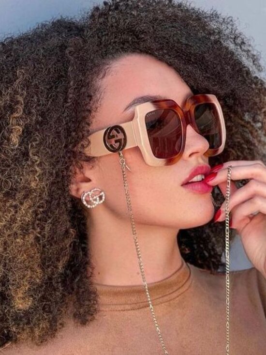Gucci GG1022S 003 Square Sunglasses -Havana Gradient Ivory/Brown with Gold Chain main image 4